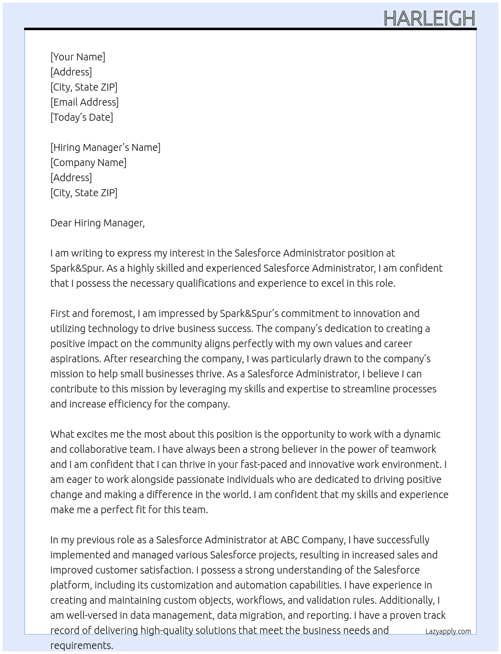 Salesforce Administrator At Spark&Spur Cover Letter