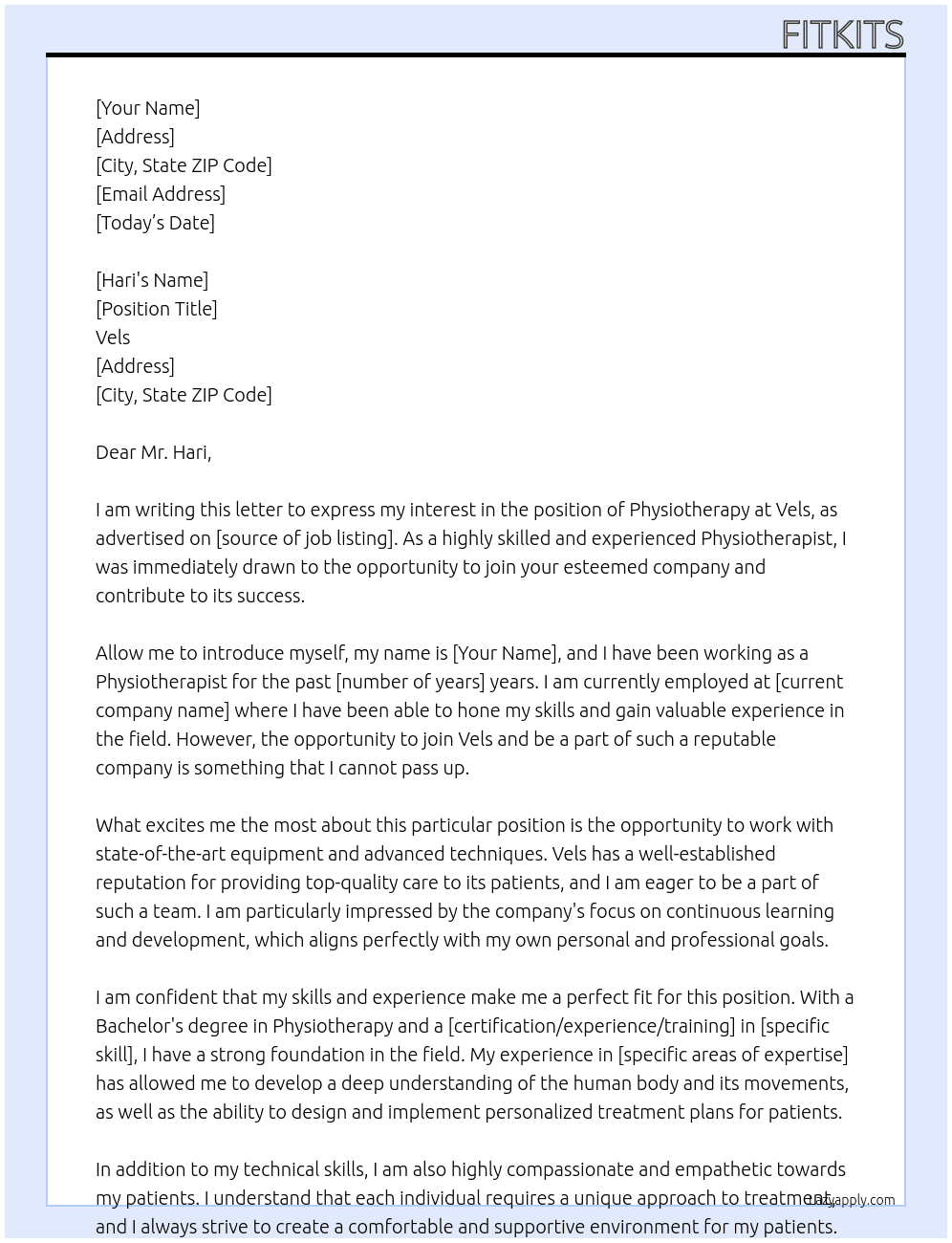 Physoitherapy At Vels  Cover Letter