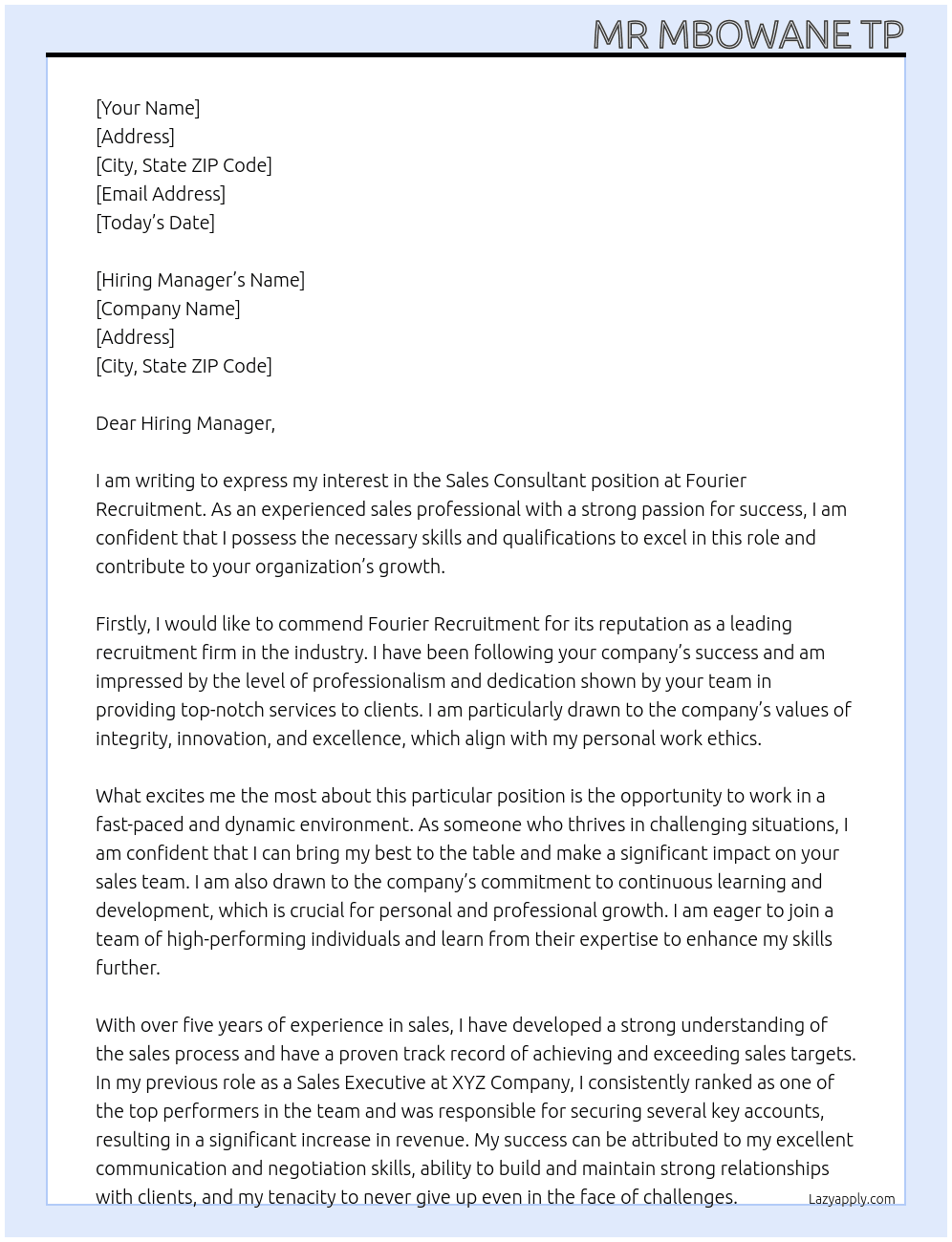 SALES CONSULTANT At FOURIER RECRUITMENT Cover Letter