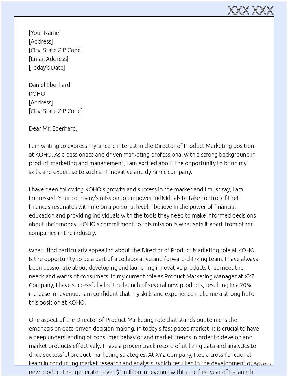 Director of Product Marketing At KOHO  Cover Letter