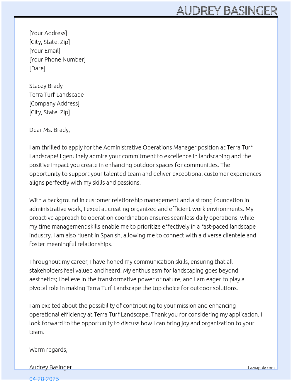 Administrative Operations Manager At Terra Turf Landscape Cover Letter