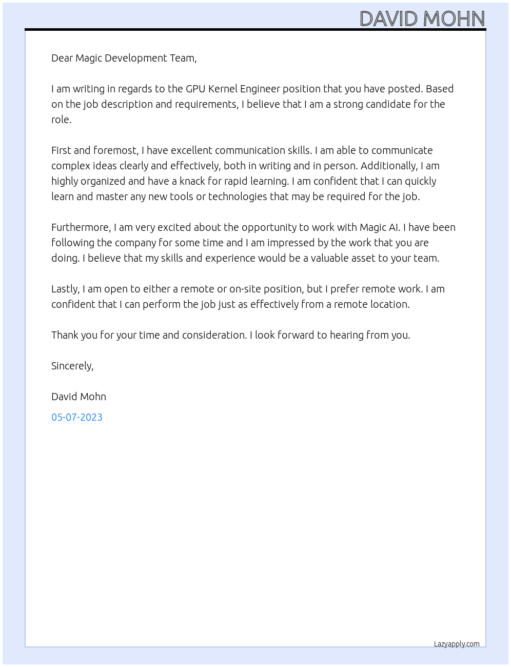GPU Kernel Engineer At Magic AI Cover Letter