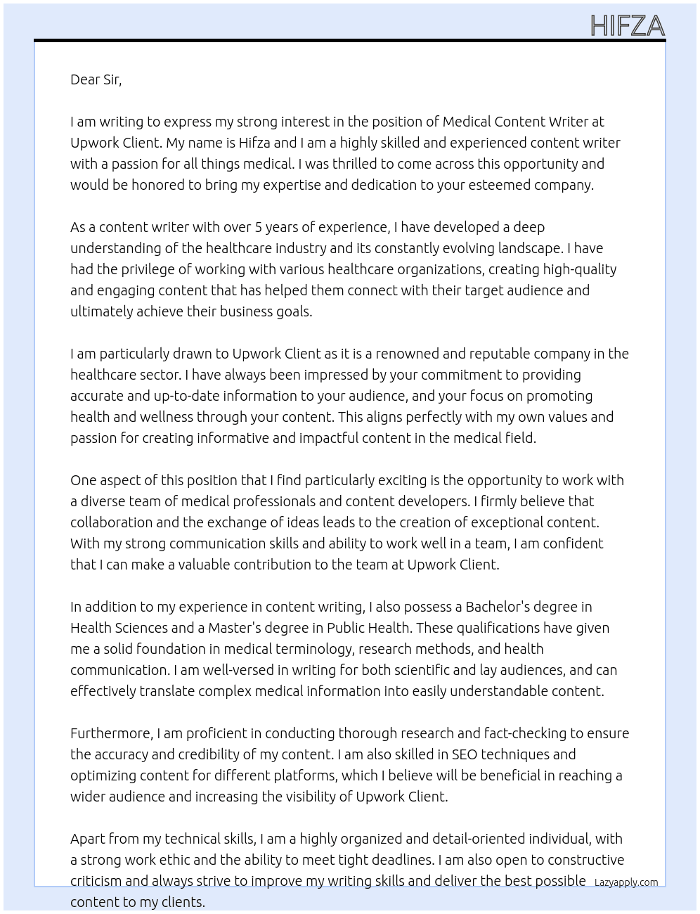 Medical Content Writer At Upwork Client Cover Letter