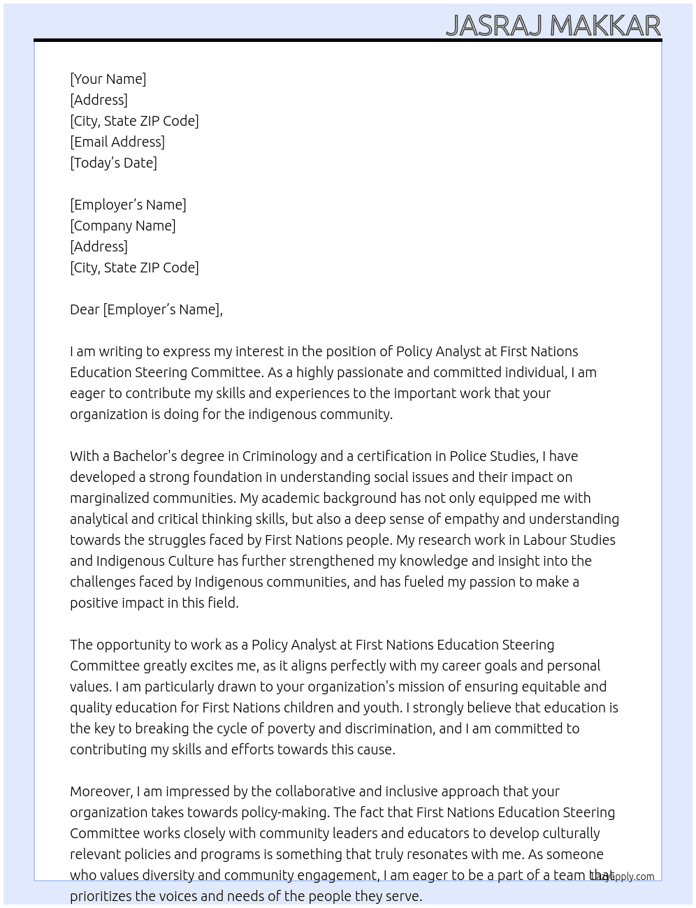 Policy Analyst  At First Nations Education Steering Committe Cover Letter