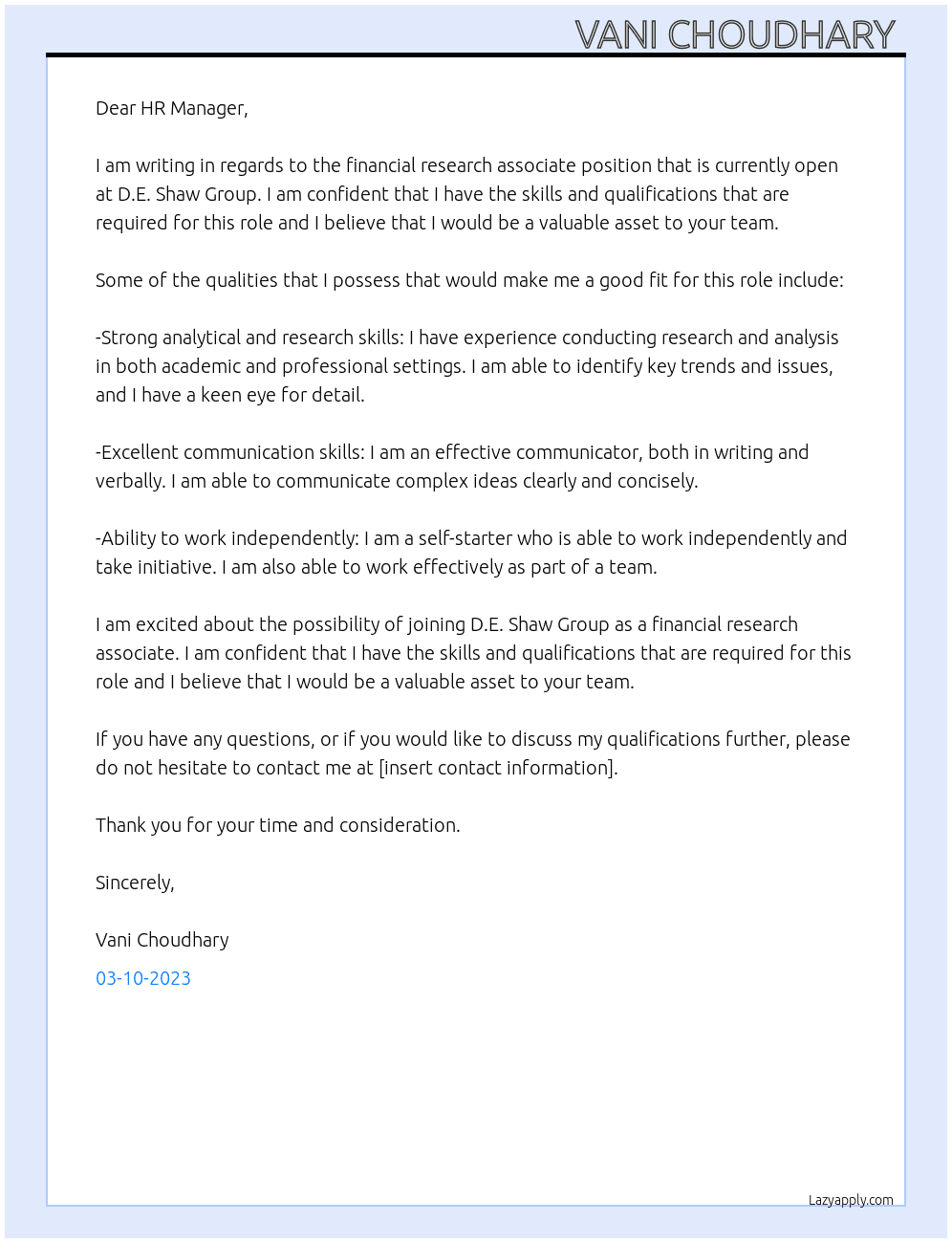 Financial research associate  At D.E. Shaw Group Cover Letter