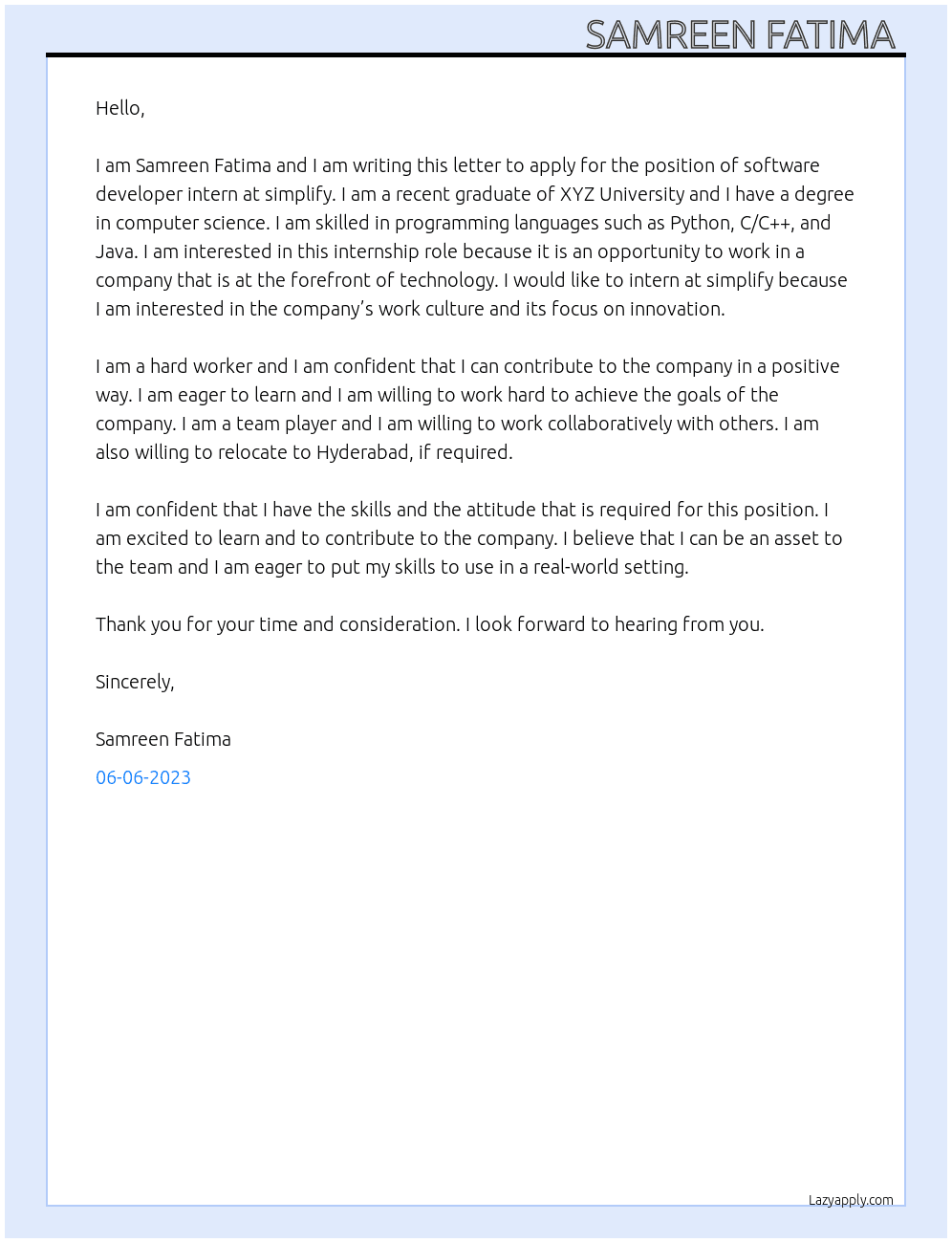 software developer intern At simplify Cover Letter