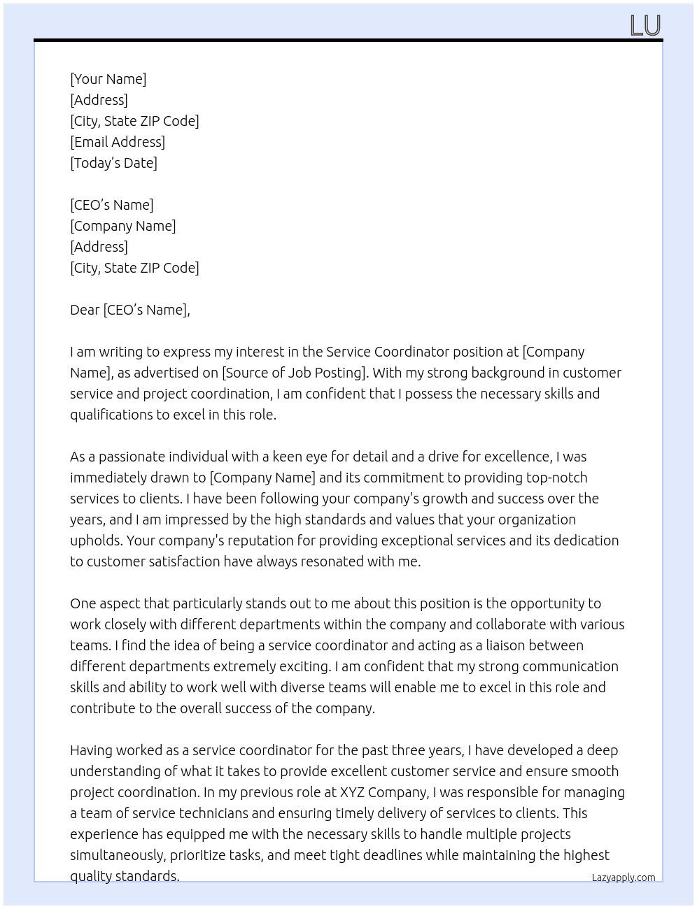 service coordinator At lala Cover Letter