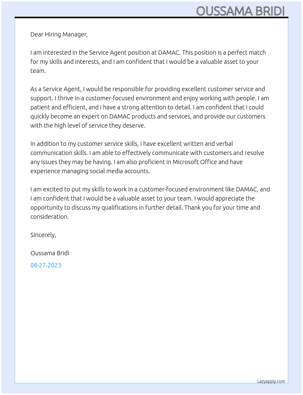 Service Agent At DAMAC Cover Letter