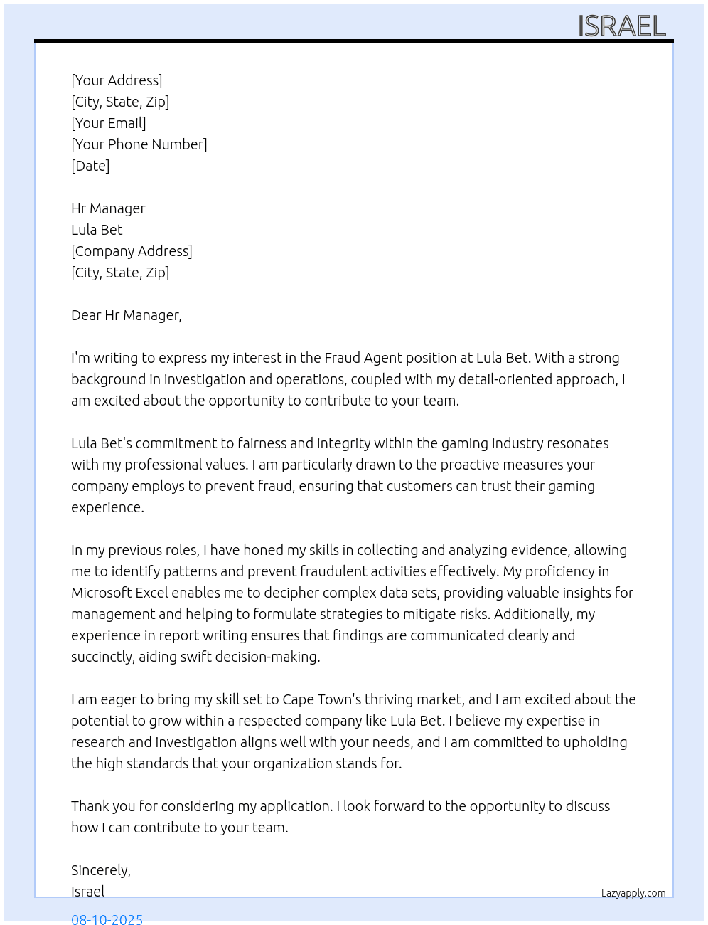 Fraud agent  At Lula bet Cover Letter