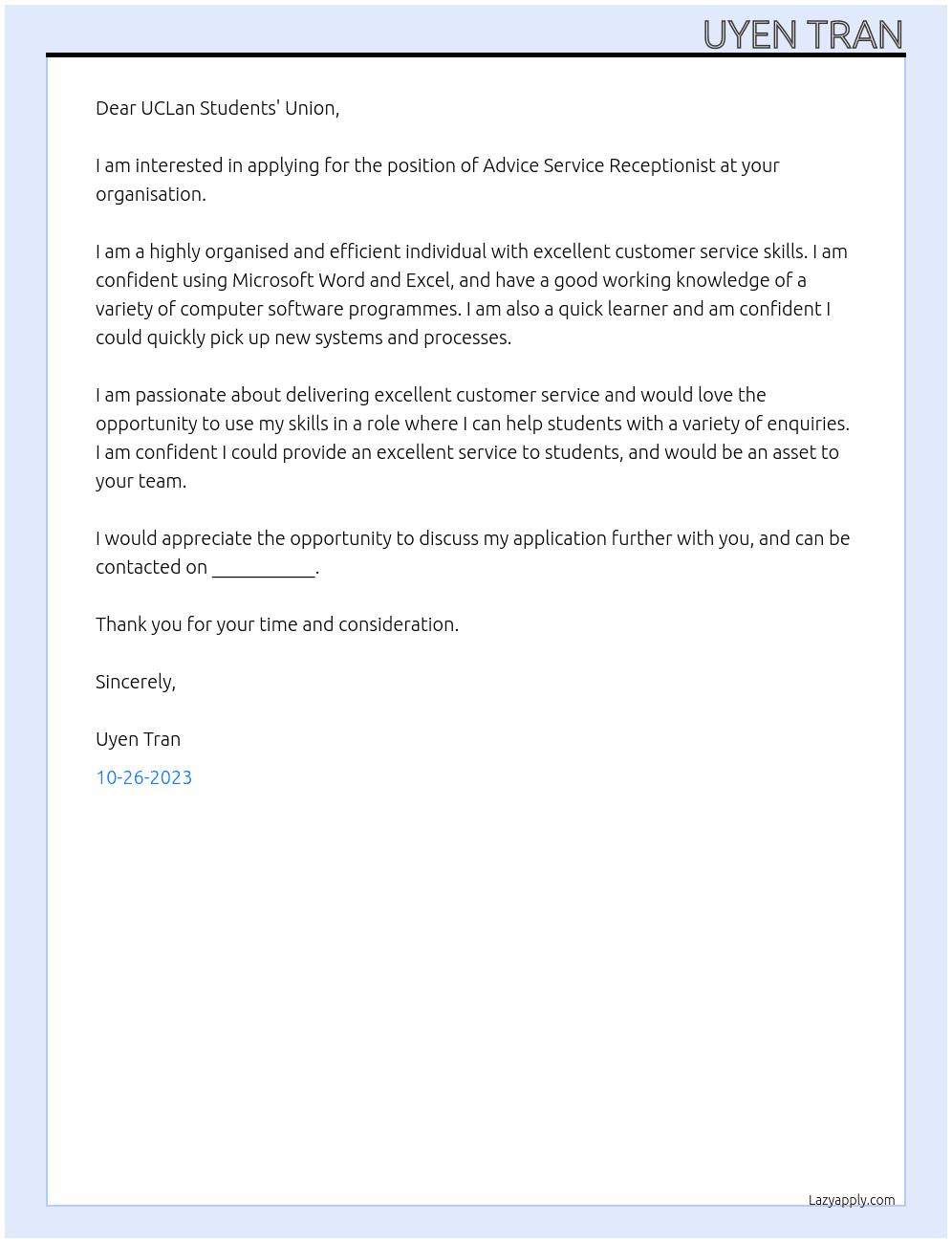 Advice Service Receptionist At UCLan Students' Union, Preston Cover Letter