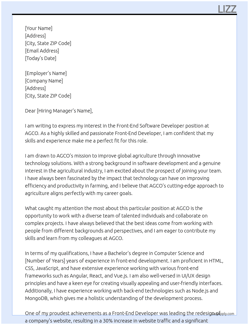 Front-End Software Developer  At AGCO Cover Letter