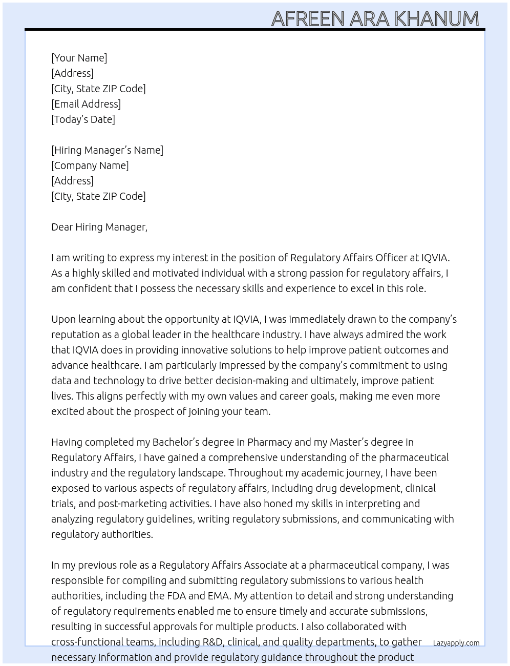 Regulatory affairs officer  At IQVIA Cover Letter