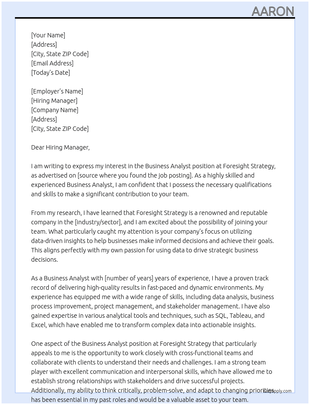Business Analyst At Foresight Strategy Cover Letter