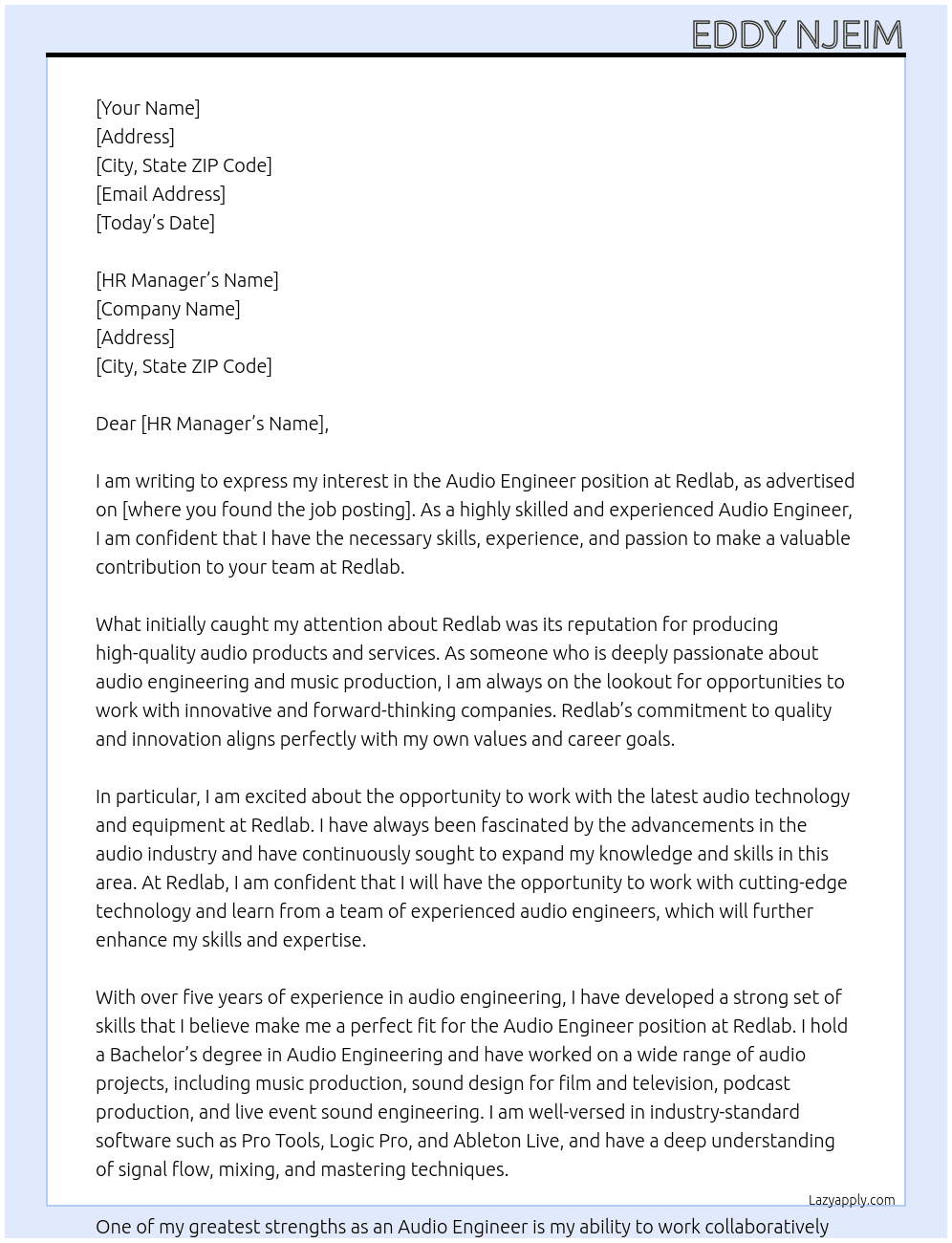 Audio Engineer At Redlab Cover Letter