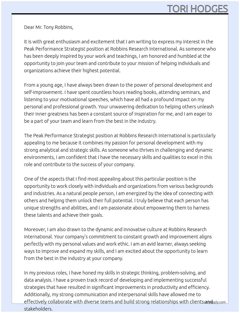 Peak Performance Strategist At Robbins Research International Cover Letter