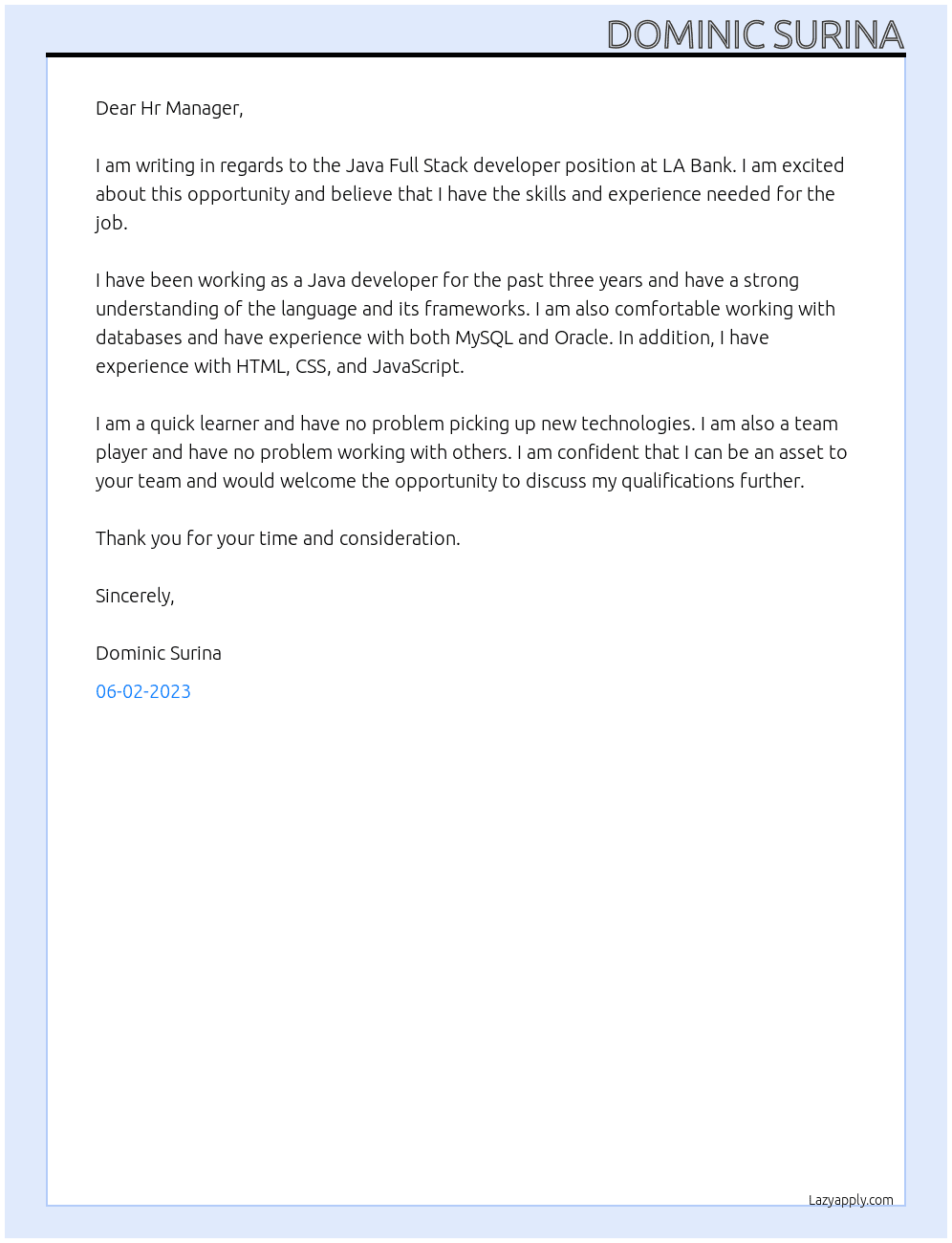 Java Full Stack developer At LA Bank Cover Letter