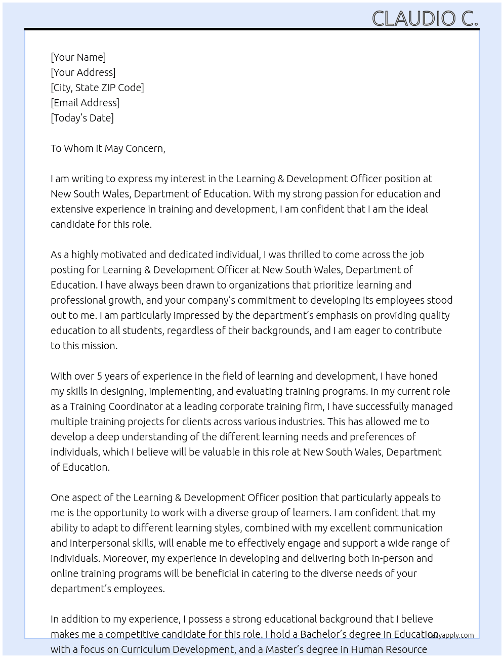 Learning & Development Officer At New South Wales, Department of Education Cover Letter