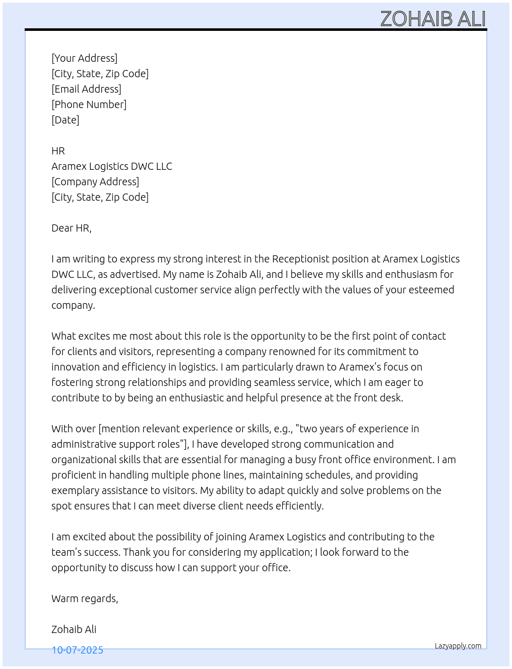 Receptionist At Aramex logistics dwc llc Cover Letter