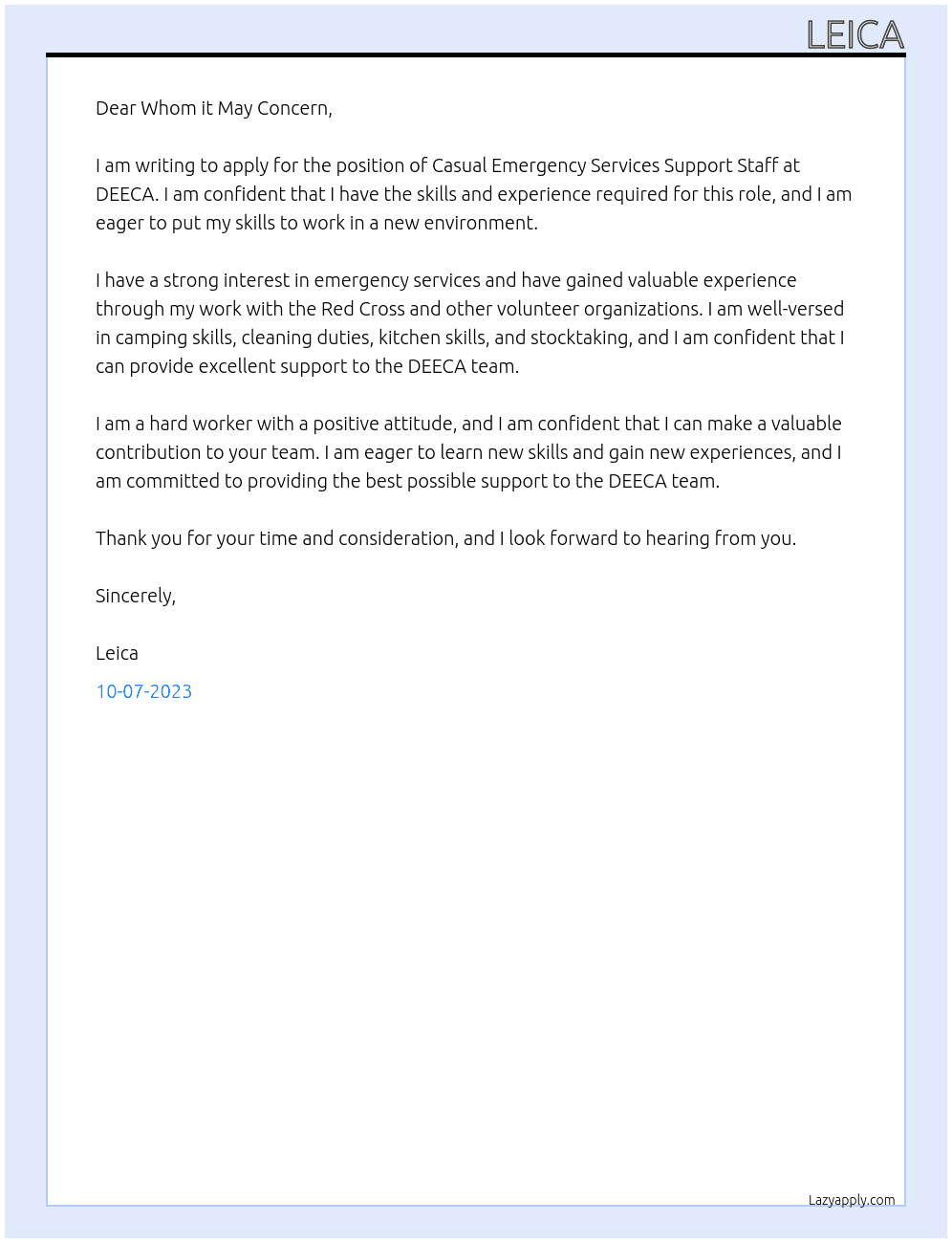 Casual emergency services support staff At DEECA Cover Letter