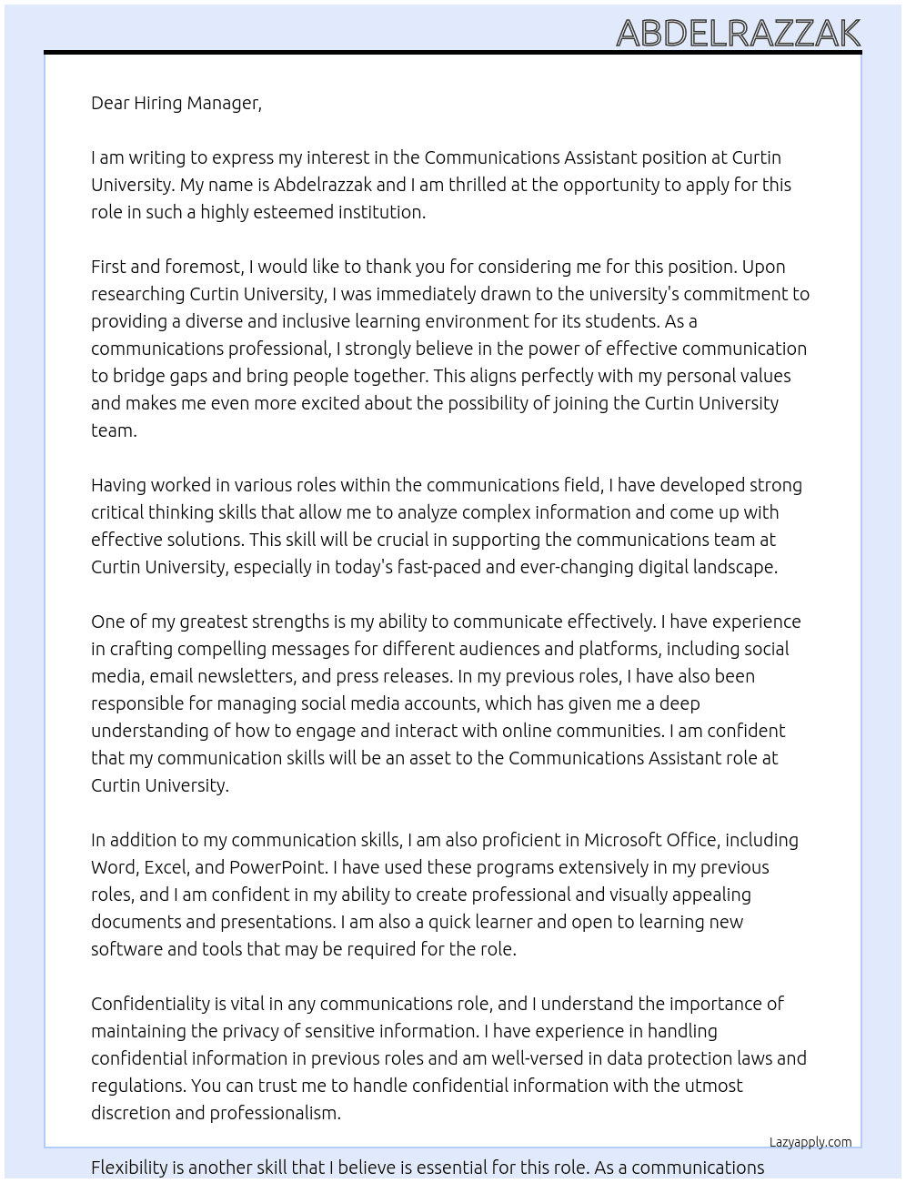 Communications Assistant At Curtin University Cover Letter