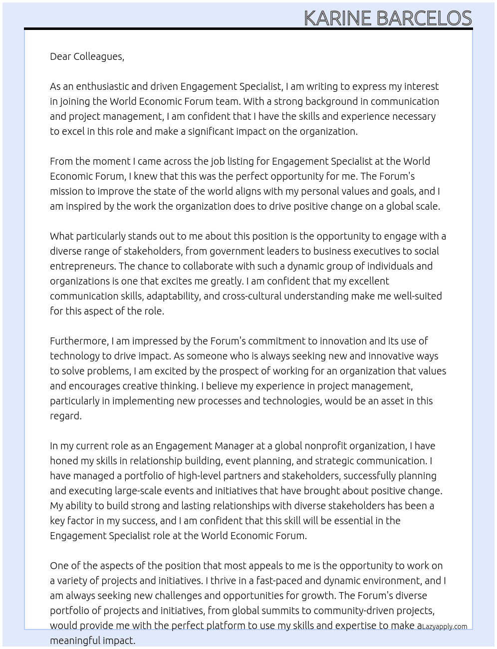 Engagement Specialist At World Economic Forum Cover Letter
