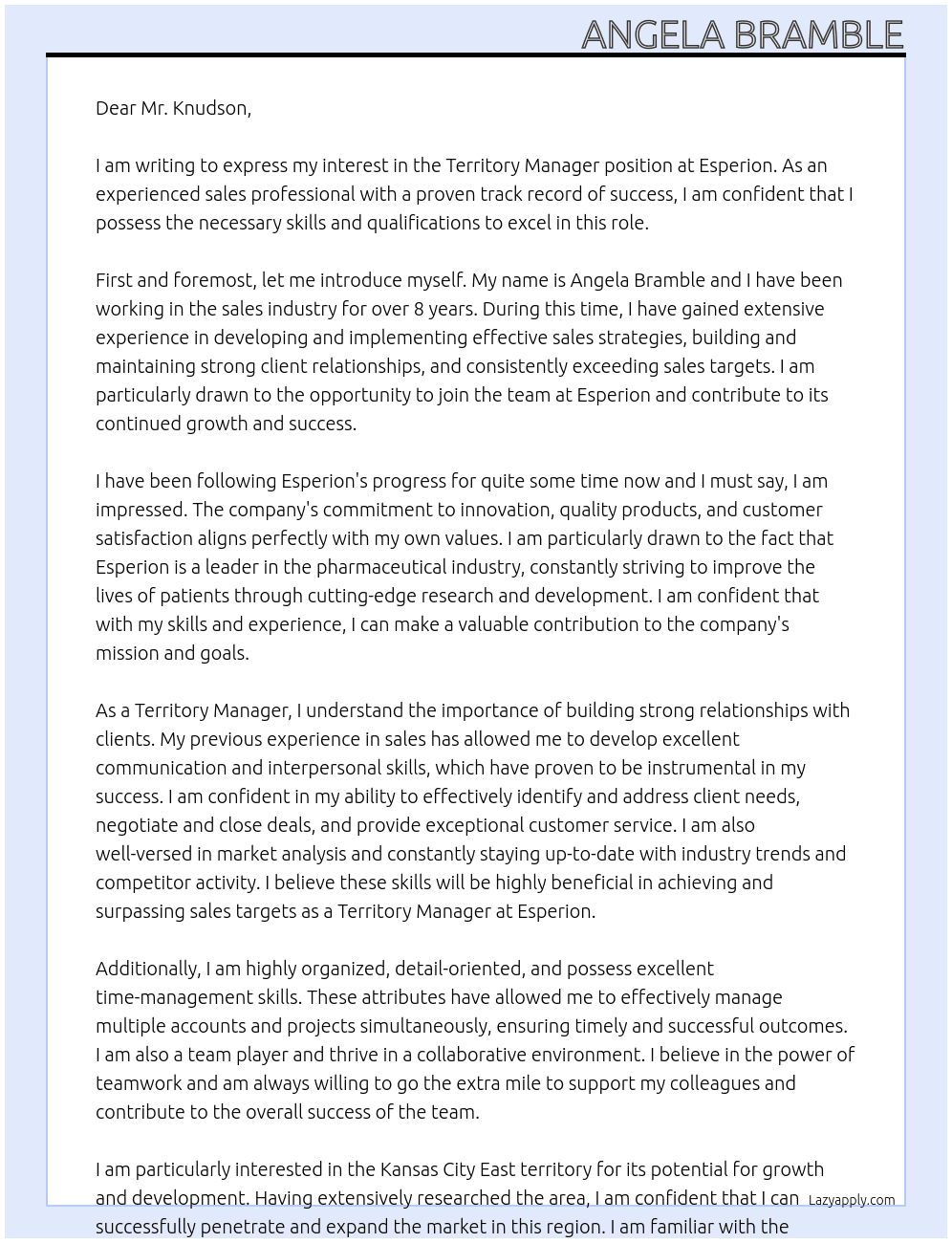 Territory Manager At Esperion Cover Letter