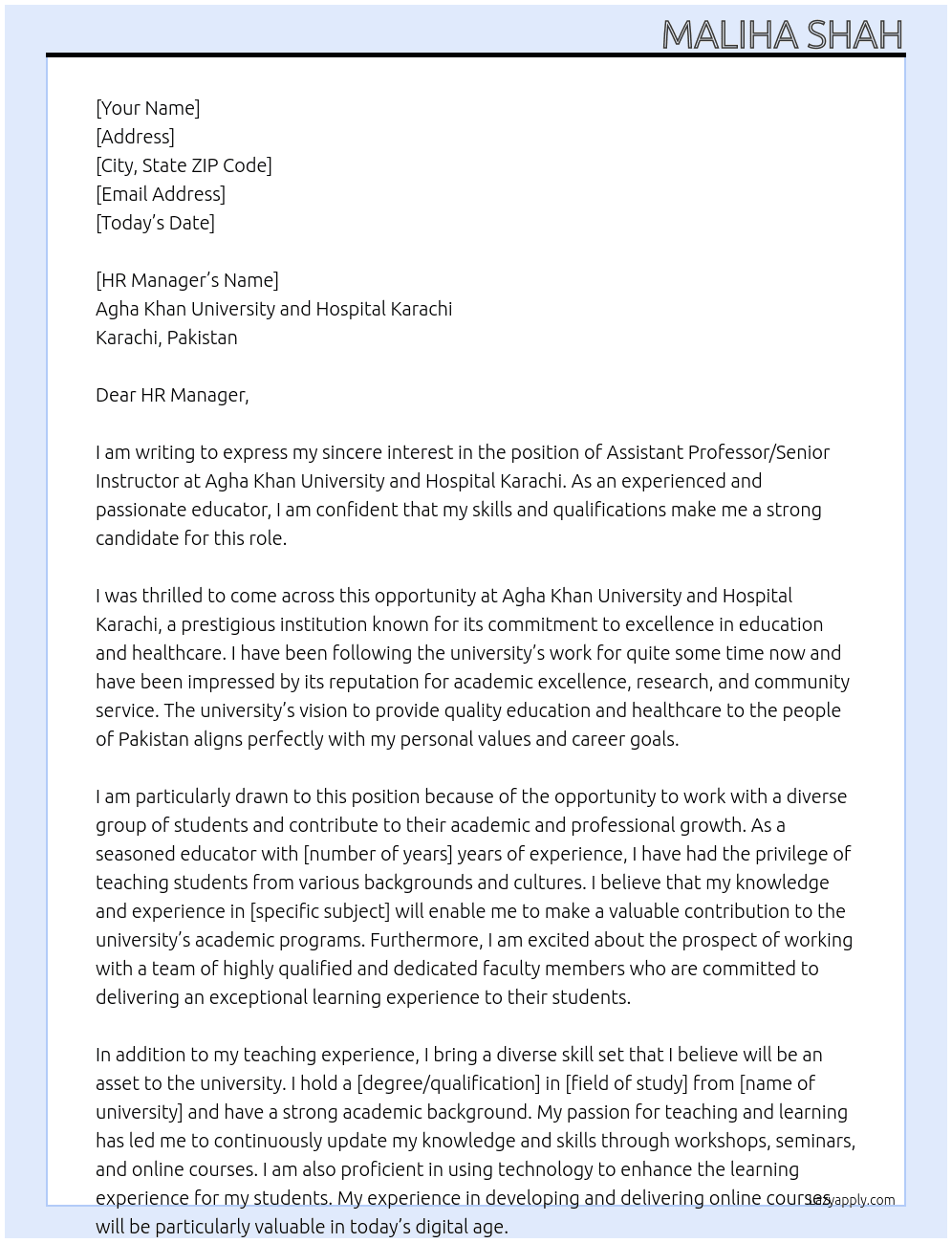 Assistant Professor/Senior Instructor At Agha khan university and hospital Karachi  Cover Letter