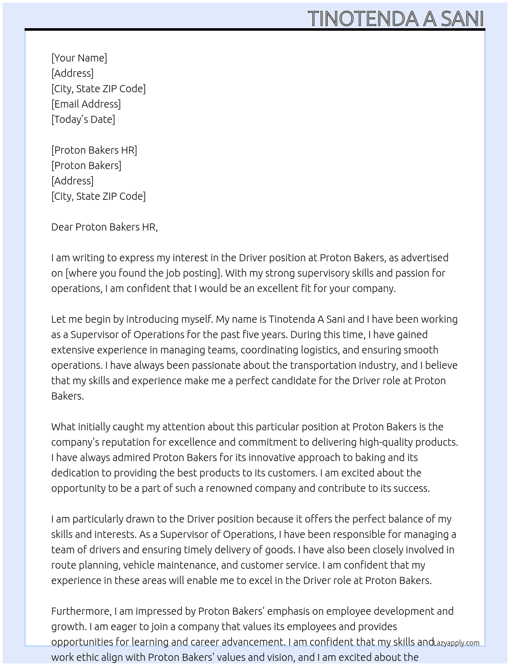 Driver At Proton Bakers Cover Letter