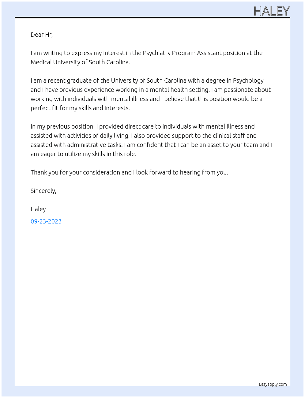 Psychiatry Program Assistant At Medical University of South Carolina Cover Letter