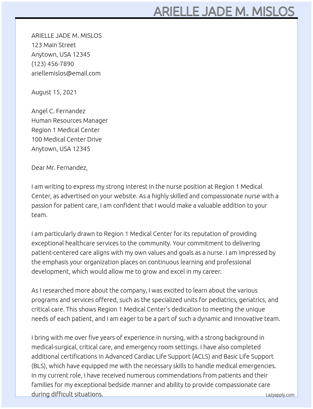 nurse  At Region 1 Medical Center  Cover Letter