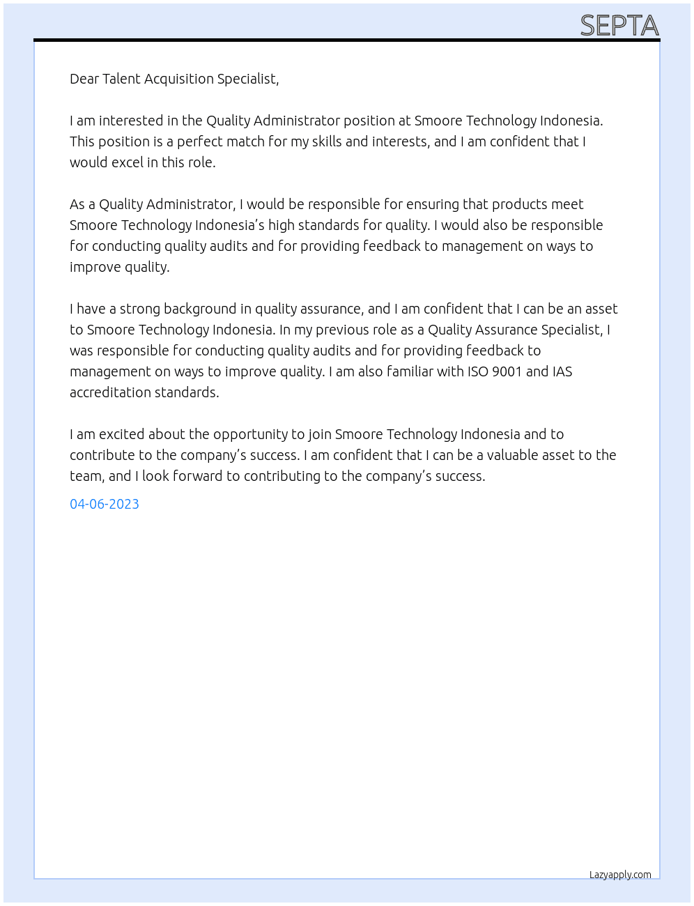 Quality Administrator At Smoore Technology Indonesia Cover Letter