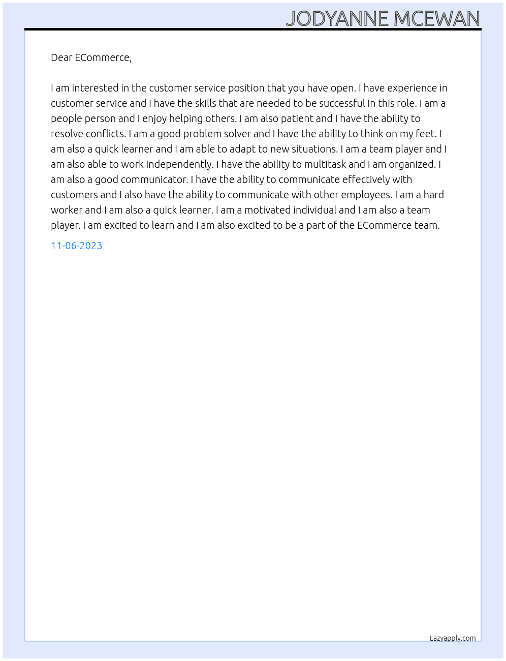 Customer Service  At ECommerce Cover Letter