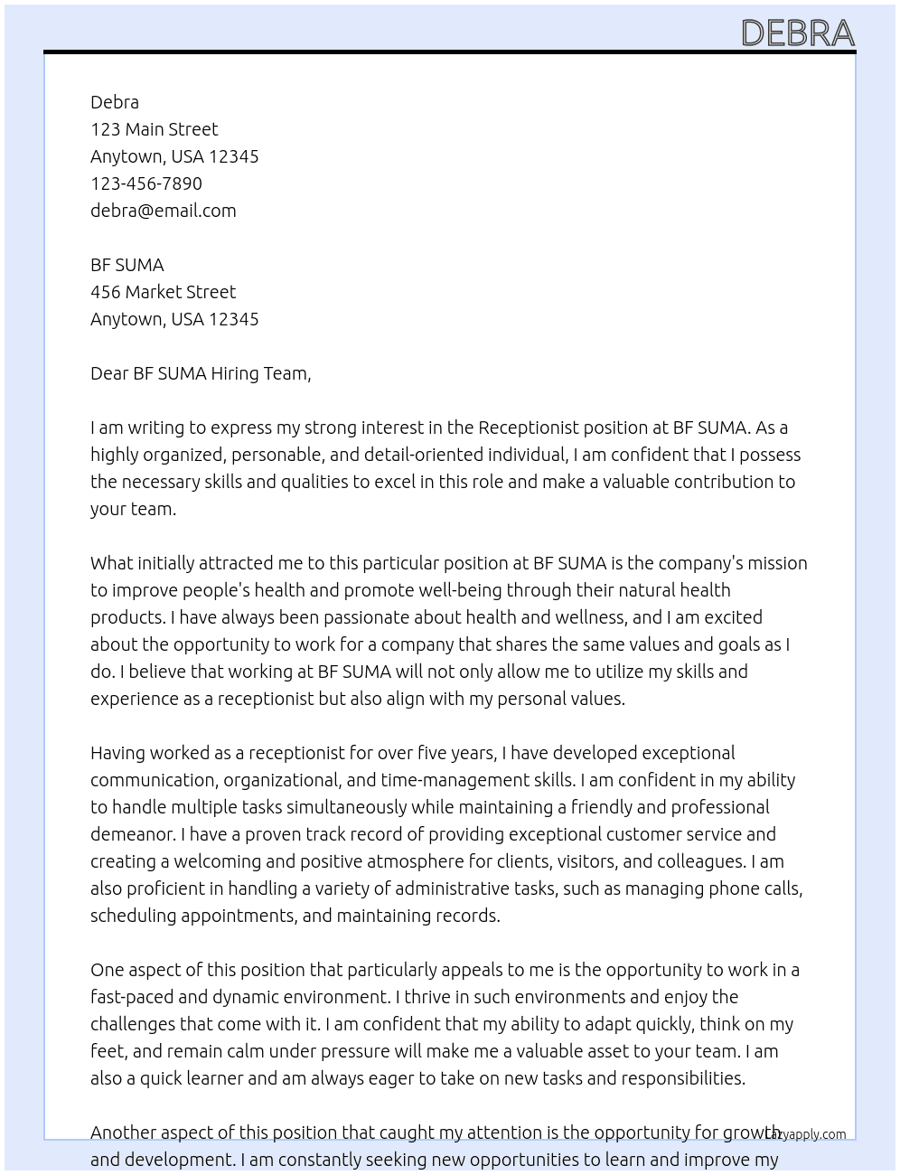 receptionist At BF SUMA Cover Letter