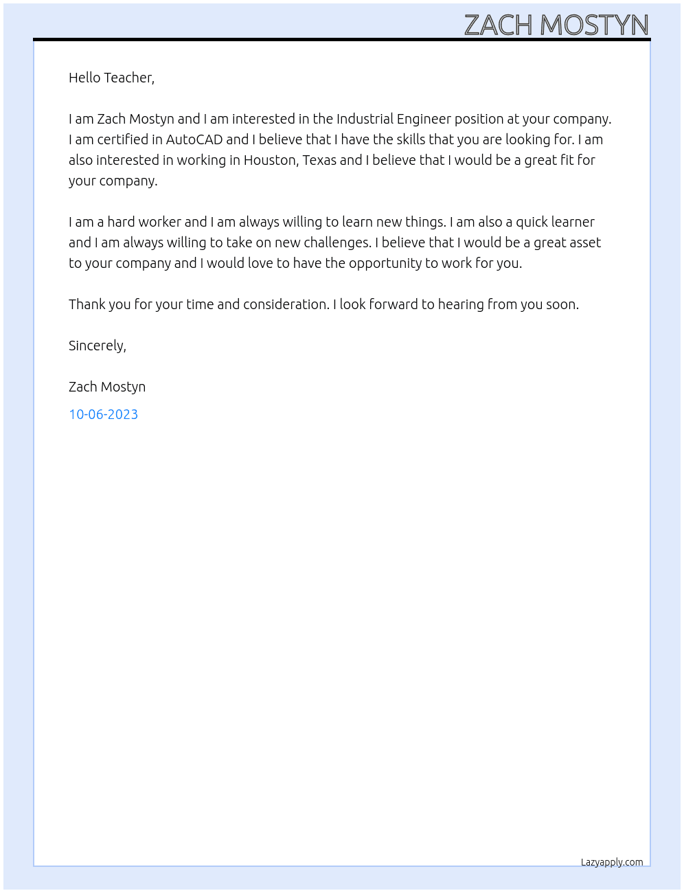 Industrial engineer At Engineering  Cover Letter