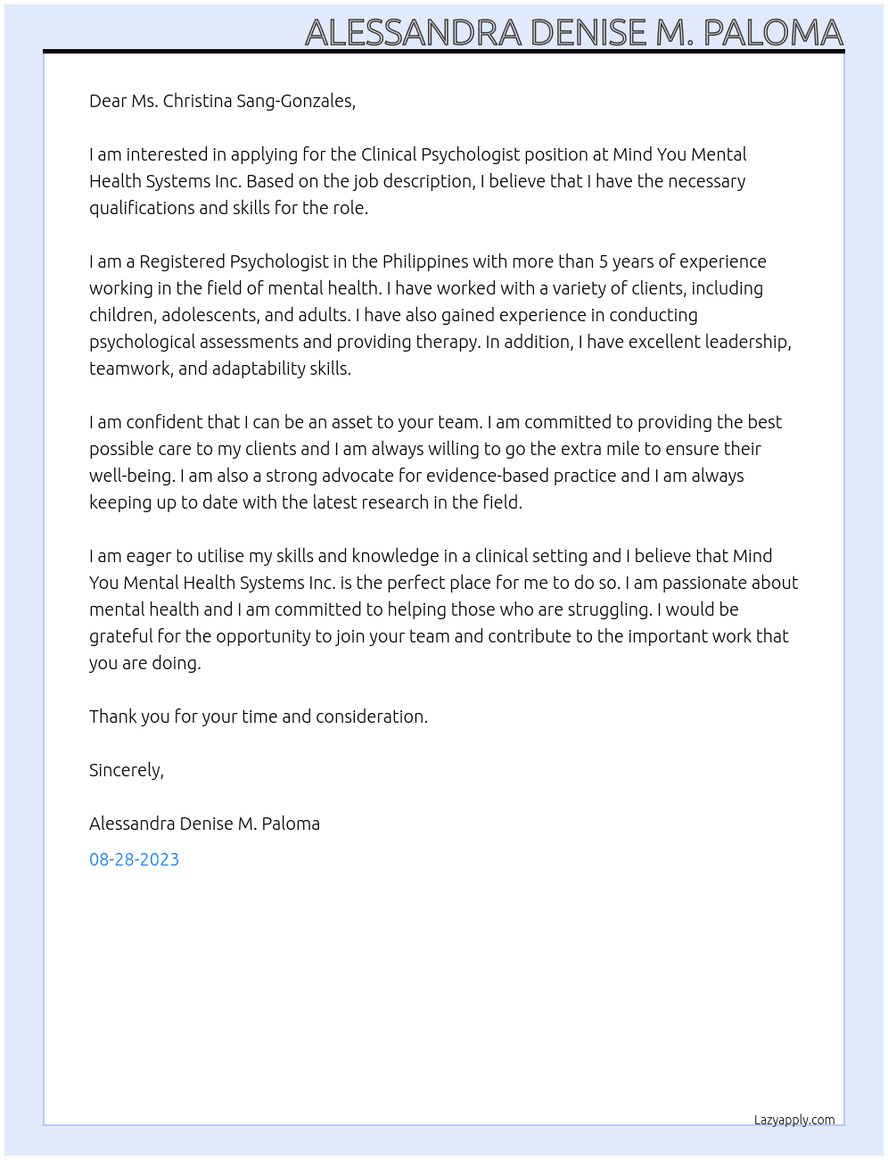 Clinical Psychologist At Mind You Mental Health Systems Inc. Cover Letter