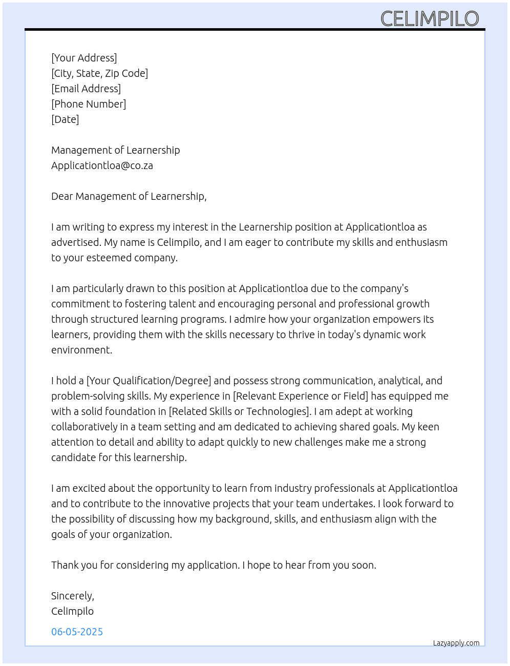 Learnership  At Applicationtloa@co.za Cover Letter