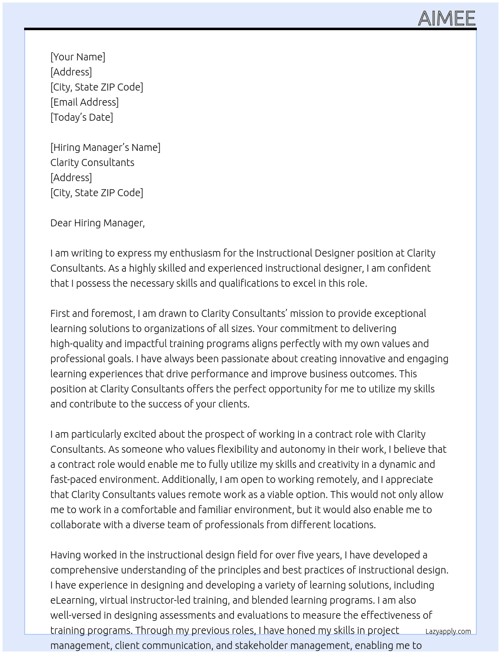 Instructional Designer At Clarity Consultants Cover Letter
