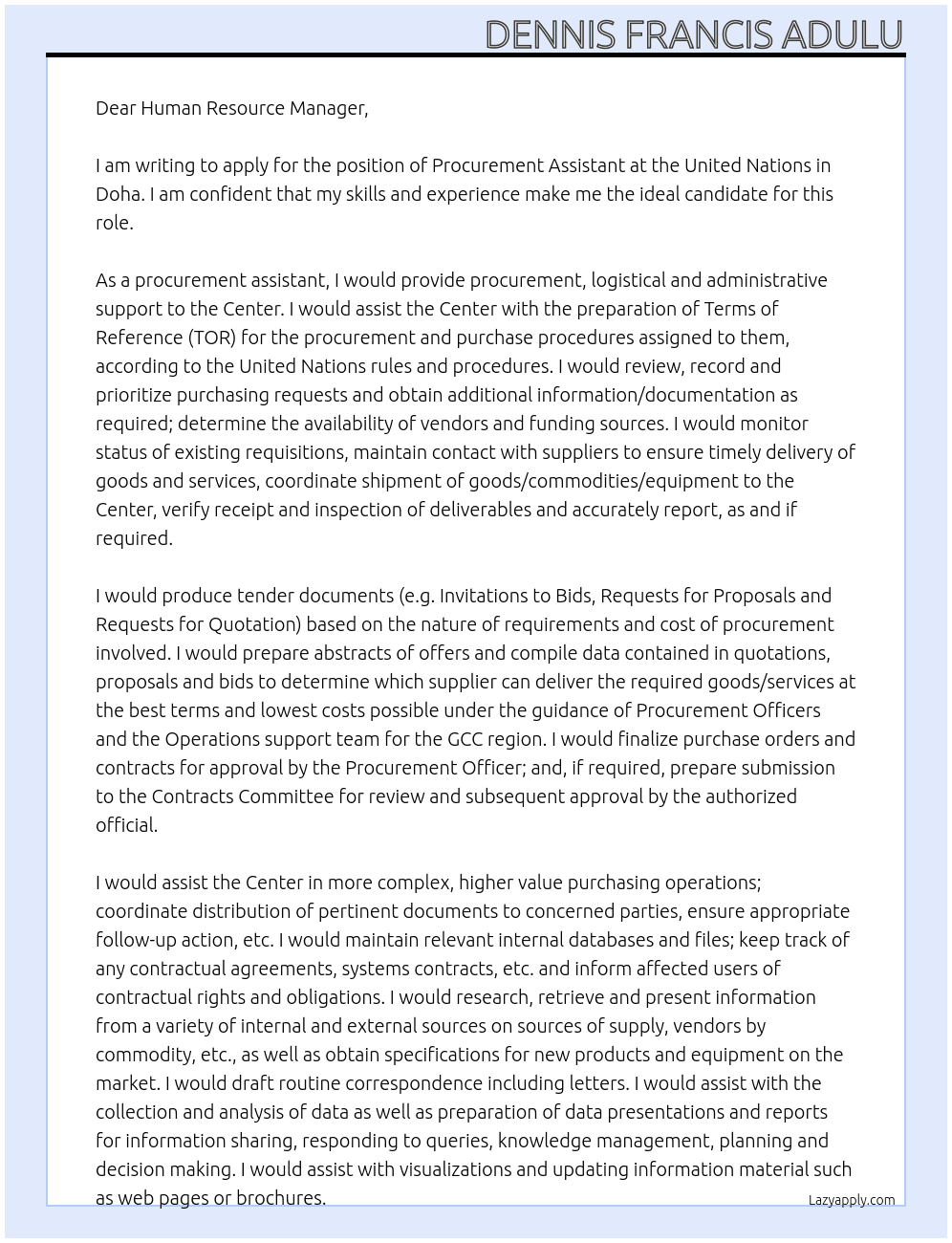 Procurement assistant At United Nations, Doha Cover Letter