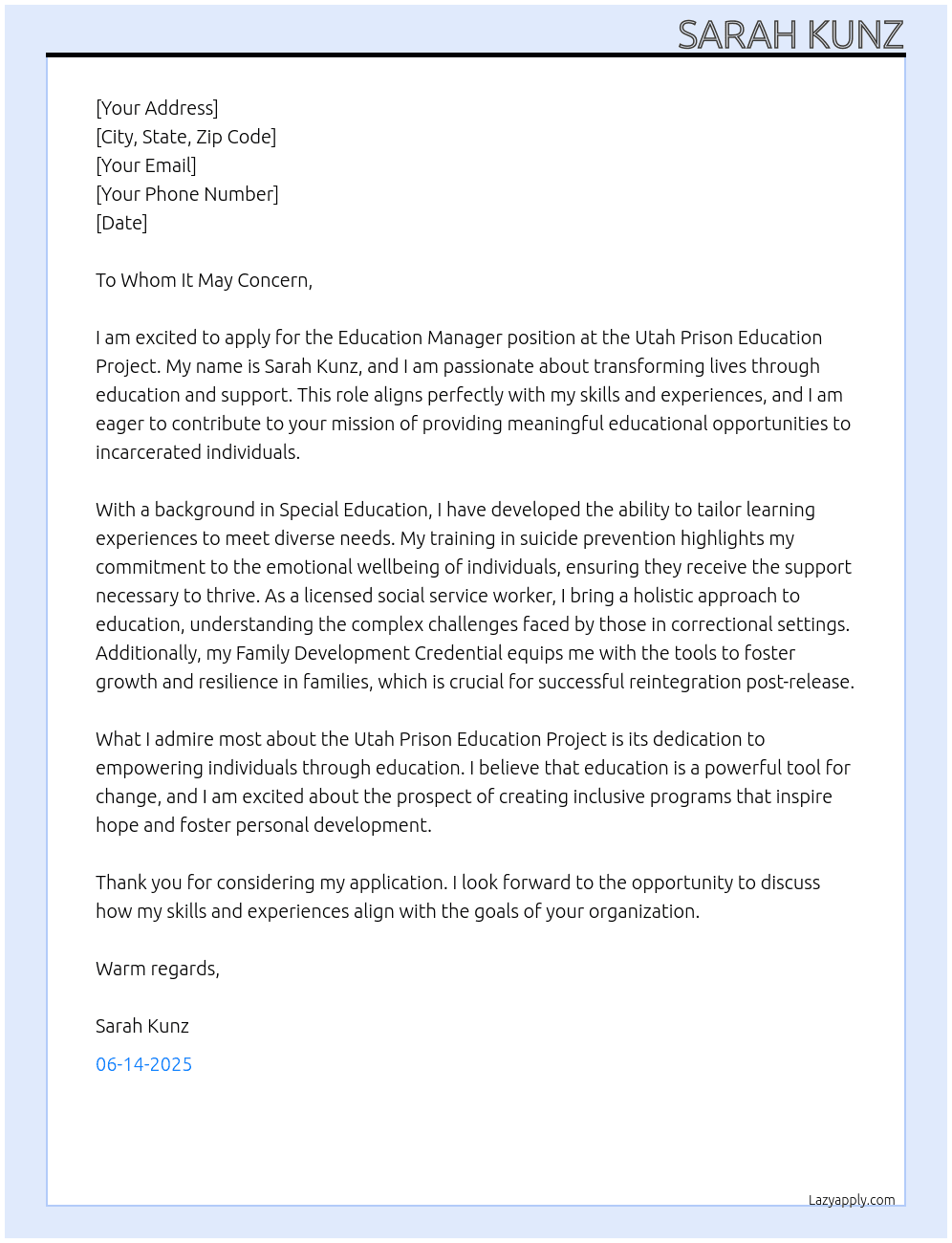 Utah Prison Education Project Education Manager  At Utah Prison Education Project Cover Letter