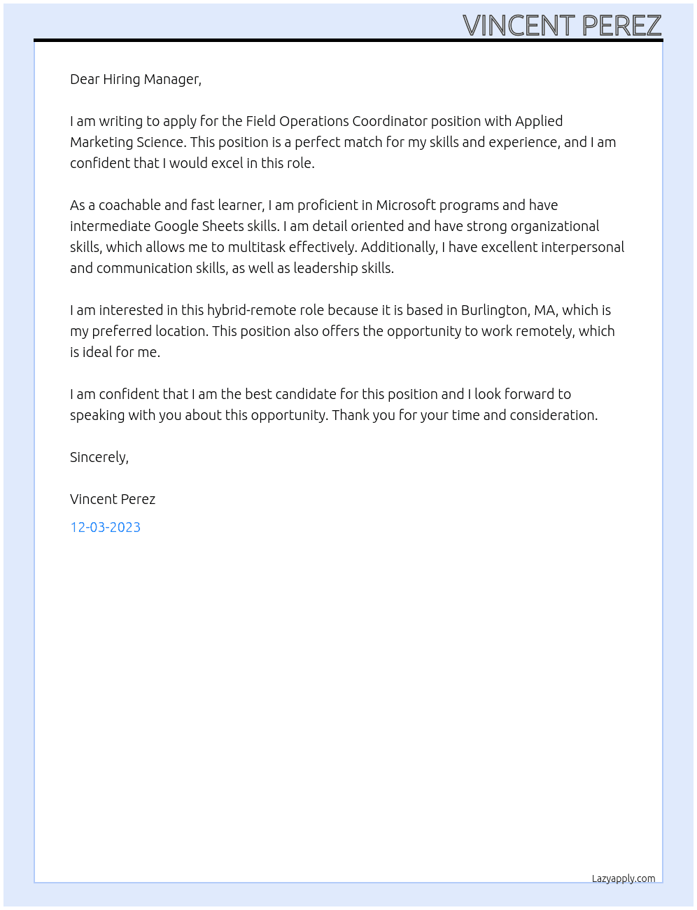 Field Operations Coordinator At Applied Marketing Science Cover Letter