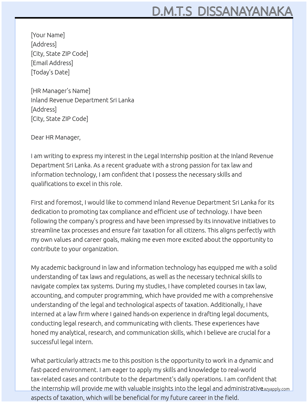 Legal Internship At Inland Revenue Department SriLanka Cover Letter