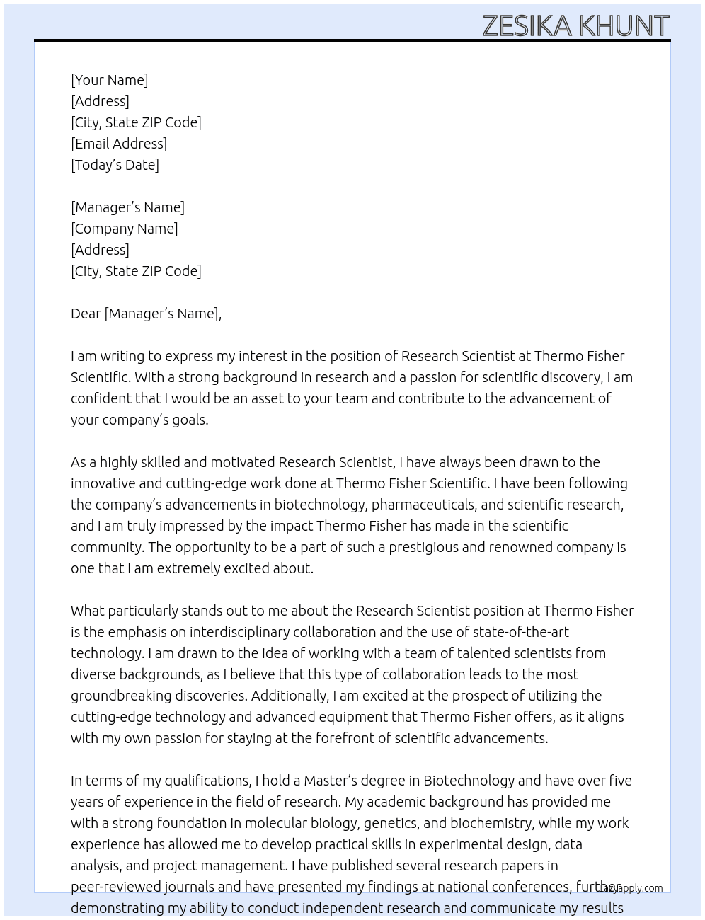 Research Scientist At Thermo Fisher Scientific Cover Letter
