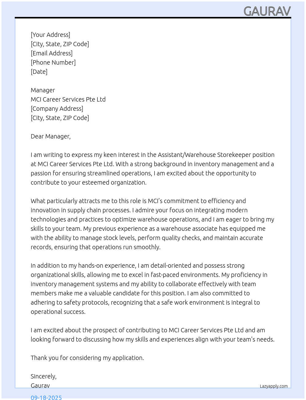 Assistant /Warehouse Storekeeper At MCI Career Services Pte Ltd Cover Letter