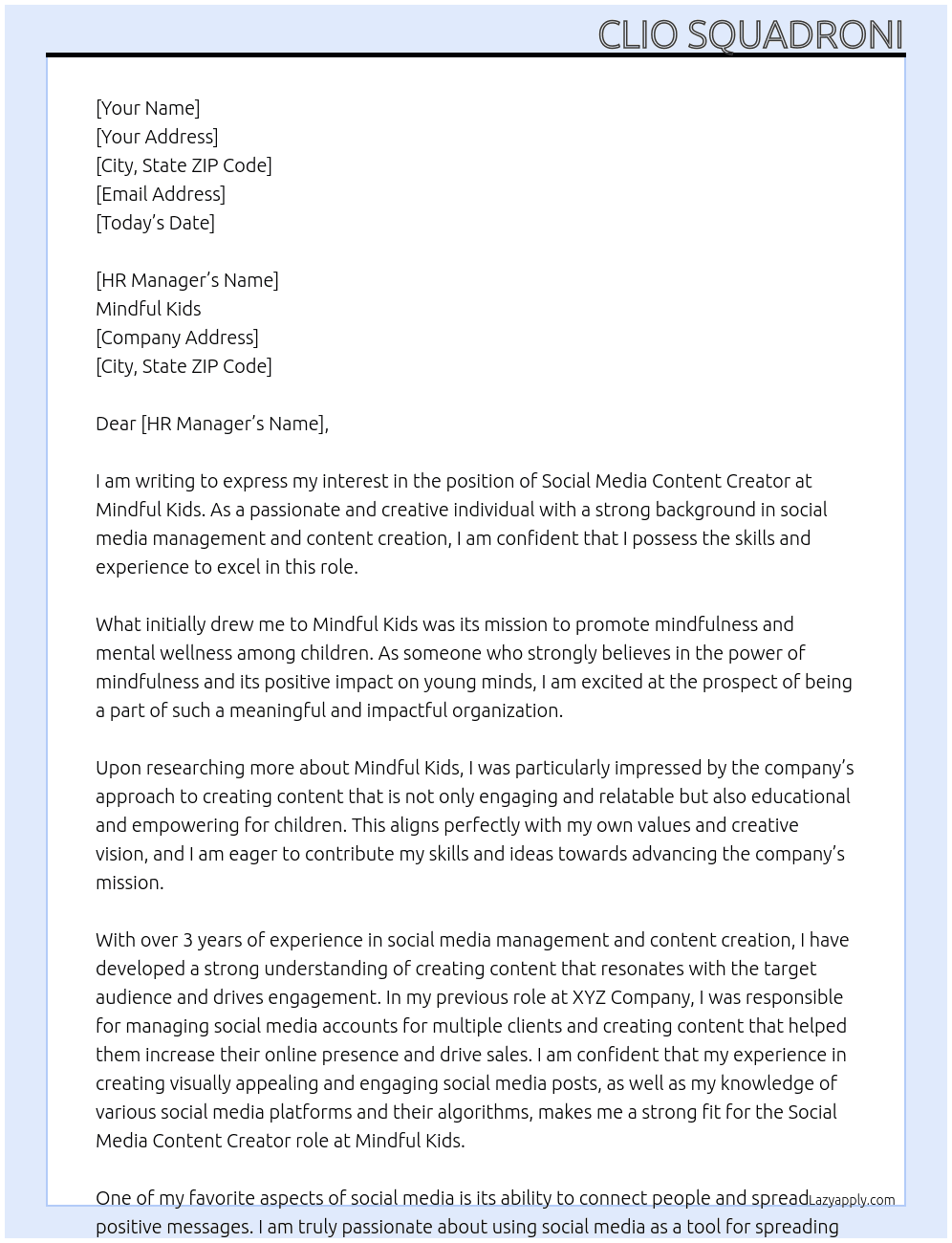  Social Media Content Creator At Mindful Kids Cover Letter
