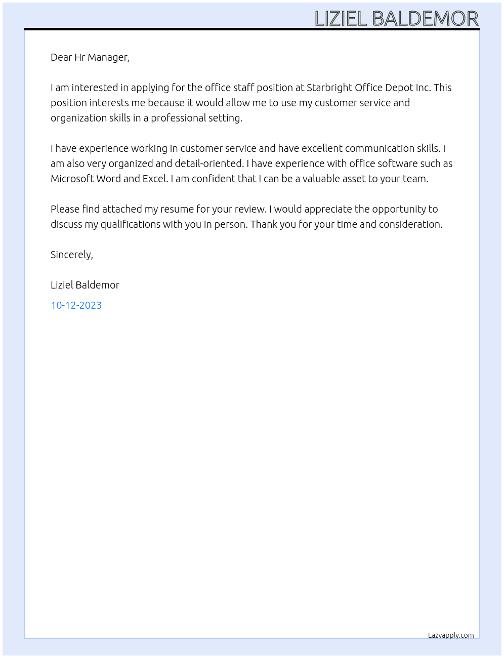 Office Staff At Starbright Office Depot Inc. Cover Letter
