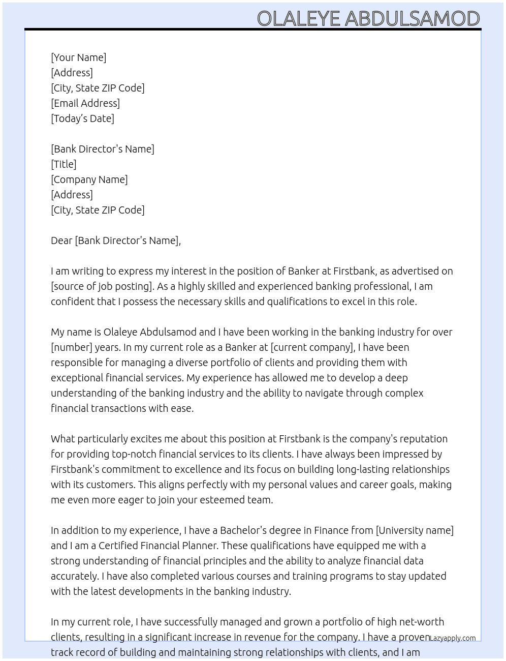 Banker At Firstbank Cover Letter