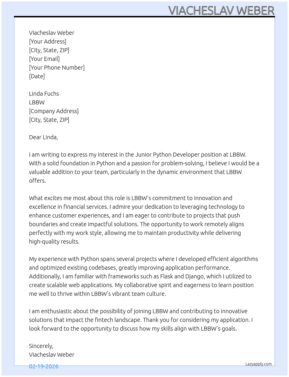 Junior Python Developer At LBBW Cover Letter