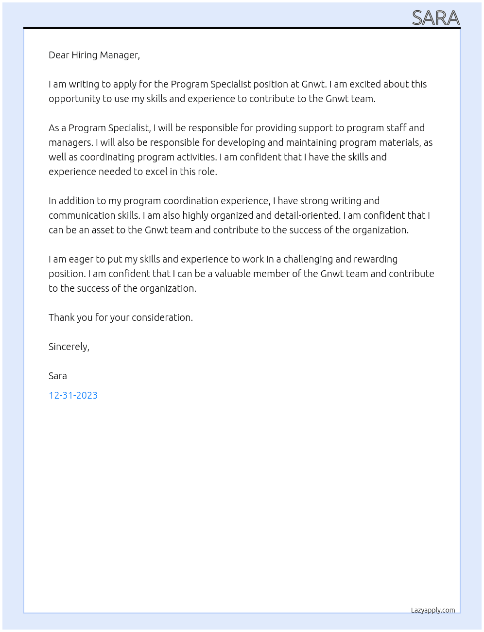 Program specialist At Gnwt Cover Letter