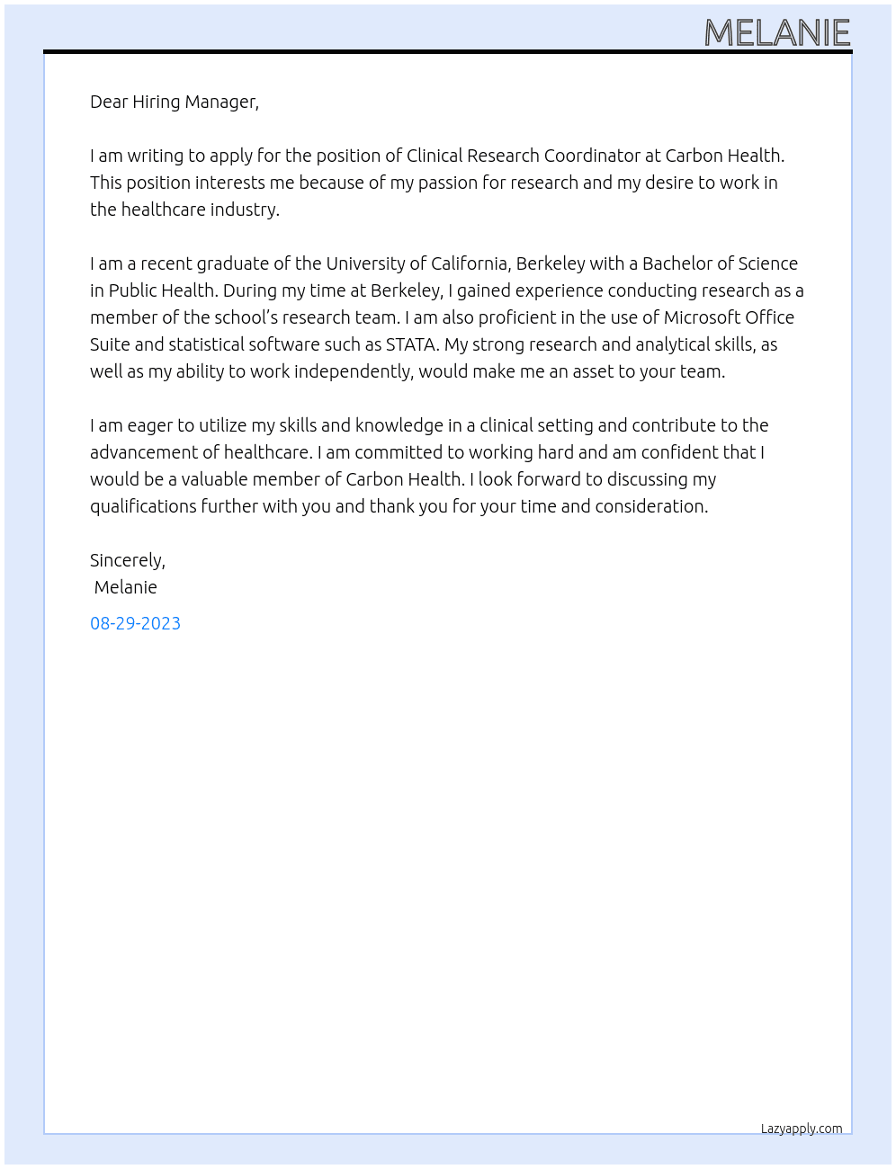 Clinical Research Coordinator  At Carbon Health Cover Letter