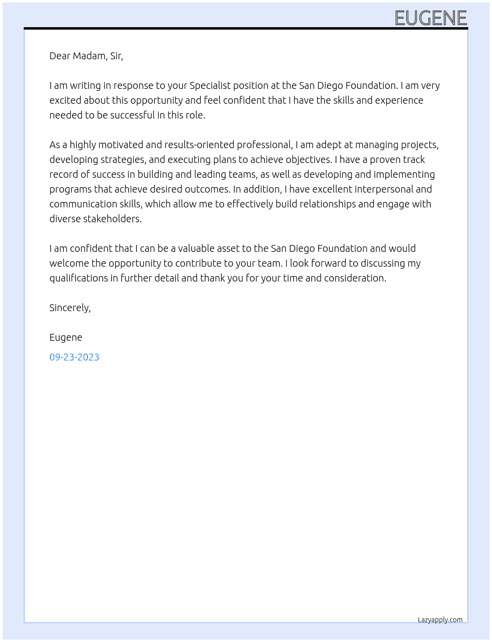 Specialist At San Diego Foundation Cover Letter